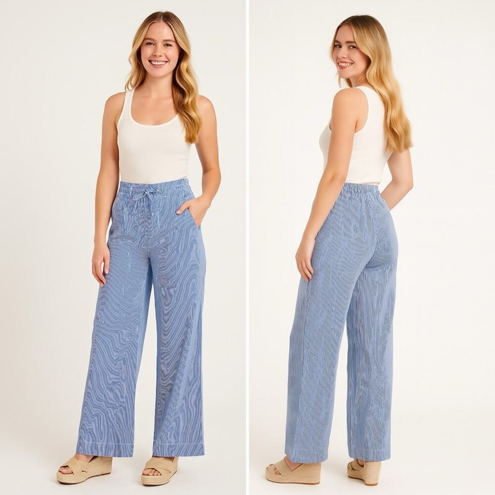 THAKOON Striped Straight Leg Trouser Blue White Drawstring High Waist Size 6 NEW